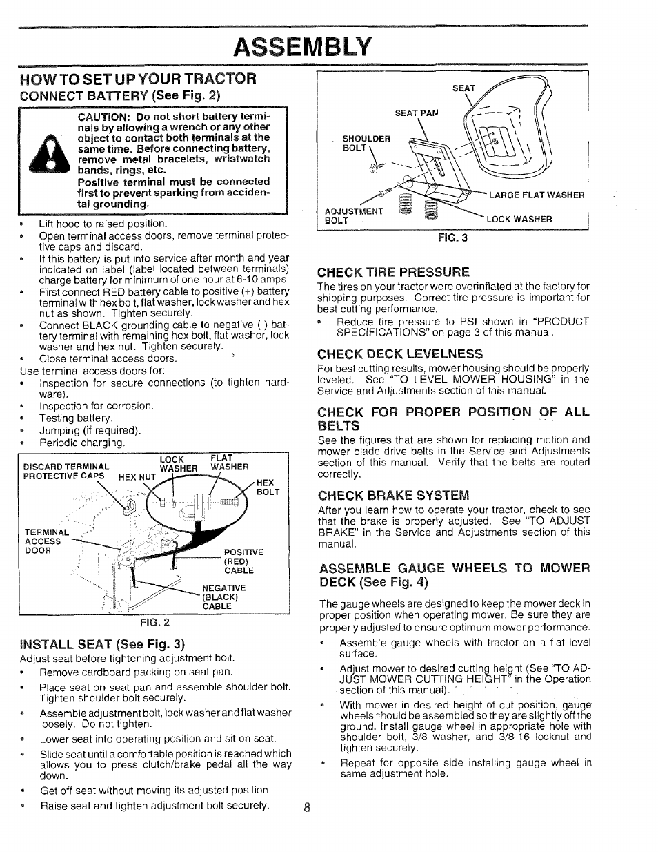 How to set up your tractor, Connect battery (see fig. 2), Install seat (see fig. 3) | Check tire pressure, Check deck levelness, Check for proper position of all, Check brake system, Assemble gauge wheels to mower deck (see fig. 4), Assembly | Sears 917.259567 User Manual | Page 8 / 56