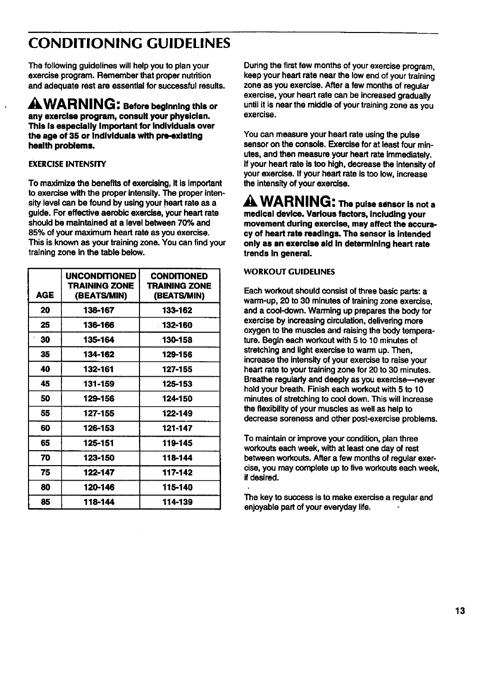 Conditioning guidelines, Awarning | Sears 831.297452 User Manual | Page 13 / 16