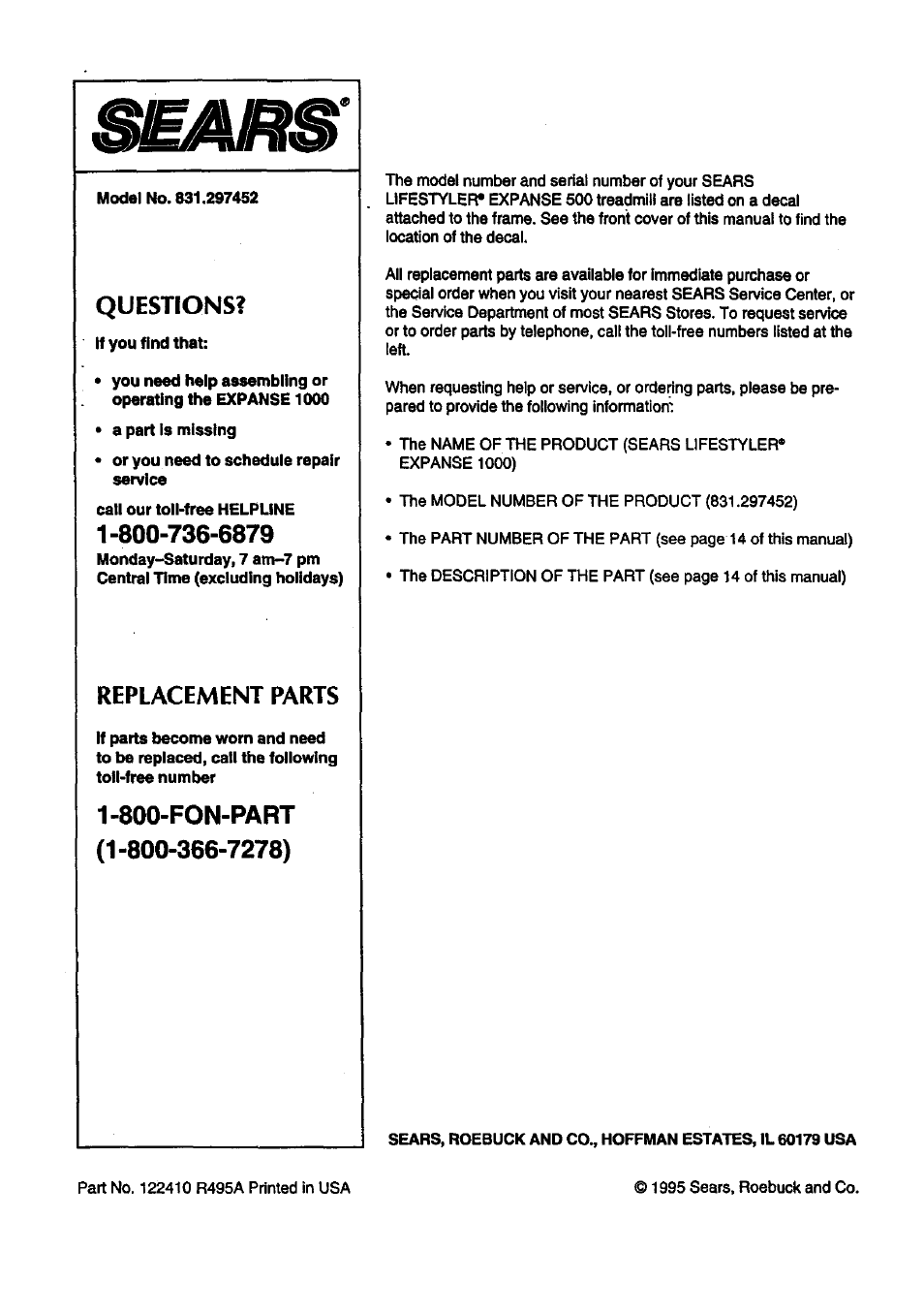 Questions, Replacement parts | Sears 831.297452 User Manual | Page 16 / 16