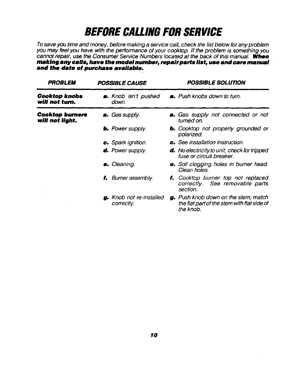 Before calling for service, Problem possible cause possible solution | Sears KENMORE 911.3235S User Manual | Page 10 / 12