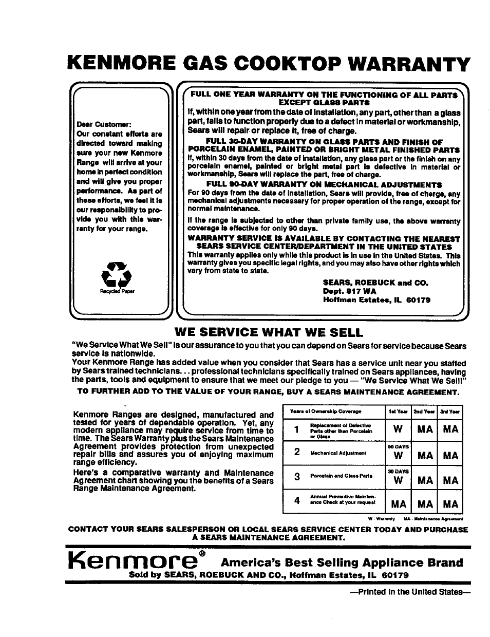 Kenmore, Kenmore gas cooktop warranty, We service what we sell | America’s best selling appliance brand | Sears KENMORE 911.3235S User Manual | Page 12 / 12