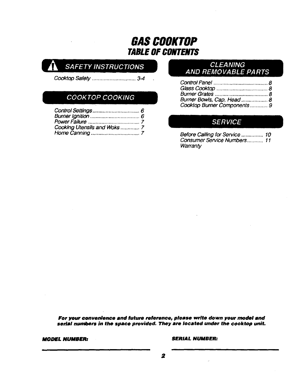 Gas cooktop, Table of cmekts | Sears KENMORE 911.3235S User Manual | Page 2 / 12