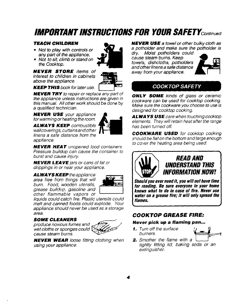 Important instructions for your safetyc, Read and understand this information now, Cooktop grease fire | Sears KENMORE 911.3235S User Manual | Page 4 / 12