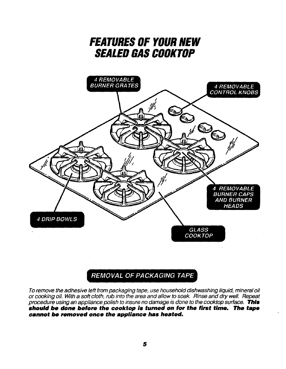 Feawkes of your new sealed gas cooktop | Sears KENMORE 911.3235S User Manual | Page 5 / 12