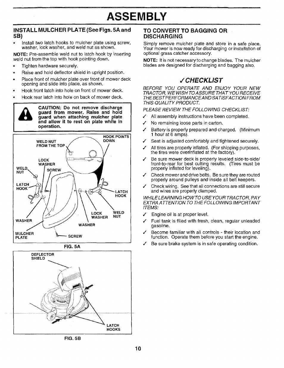 Install mulcher plate (see figs. 5a and, To convert to bagging or discharging, Assembly | Checklist | Sears EZ3 917.2566 User Manual | Page 10 / 56