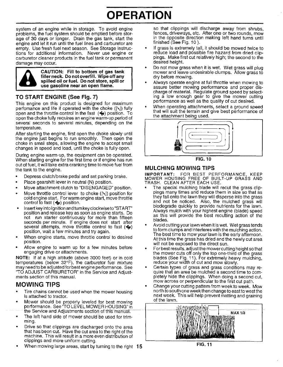 To start engine (see fig. 7), Mowing tips, Mulching mowing tips | Operation | Sears EZ3 917.2566 User Manual | Page 15 / 56