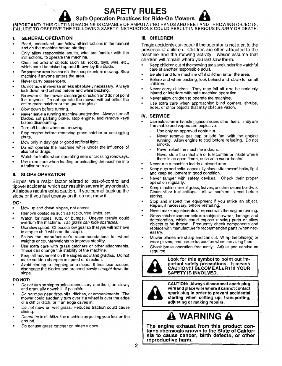 Safe operation practices for ride-on mowers, Warnings, Safety rules | Sears EZ3 917.2566 User Manual | Page 2 / 56