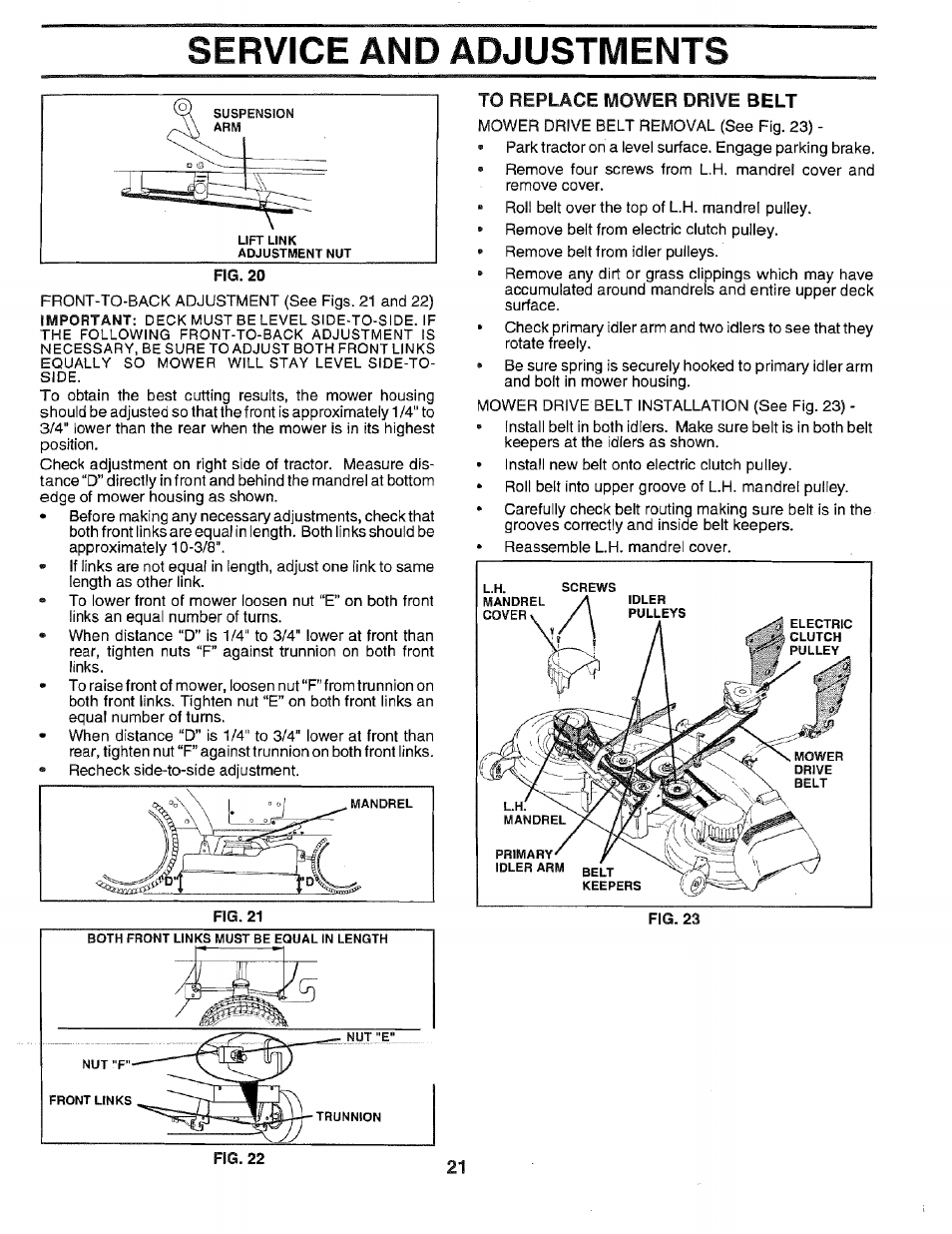 To replace mower drive belt, Service and adjustments | Sears EZ3 917.2566 User Manual | Page 21 / 56
