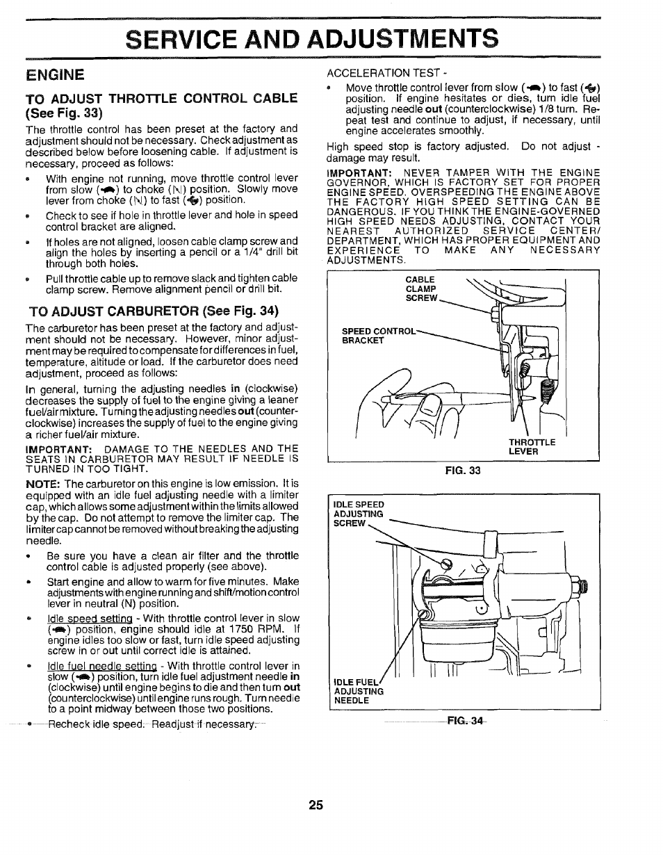 Engine, To adjust throttle control cable, See fig. 33) | To adjust carburetor (see fig. 34), Throttle control cable, Service and adjustments, Control | Sears EZ3 917.2566 User Manual | Page 25 / 56