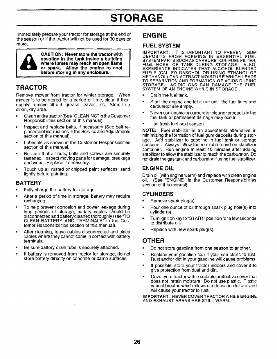 Storage, Tractor, Battery | Engine, Fuel system, Engine oil, Cylinders, Other | Sears EZ3 917.2566 User Manual | Page 26 / 56