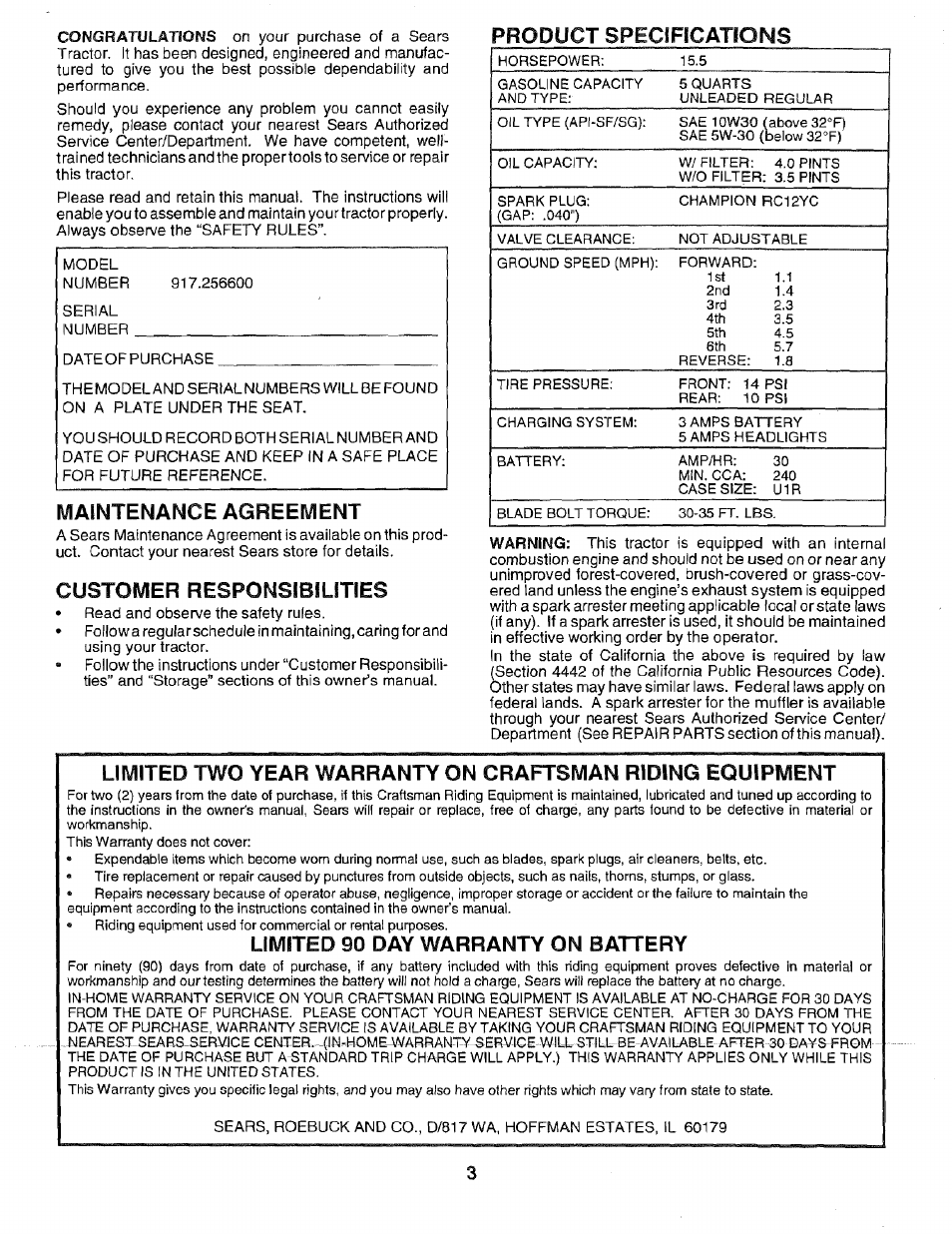 Product specircations, Maintenance agreement, Customer responsibilities | Limited 90 day warranty on battery | Sears EZ3 917.2566 User Manual | Page 3 / 56