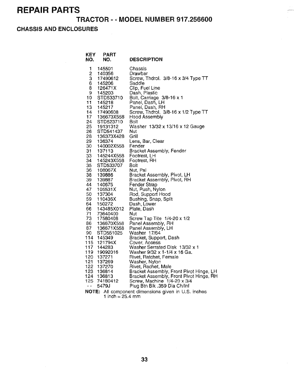 Tractor - - model number 917.256600, Chassis and enclosures, Repair parts | And enclosures | Sears EZ3 917.2566 User Manual | Page 33 / 56