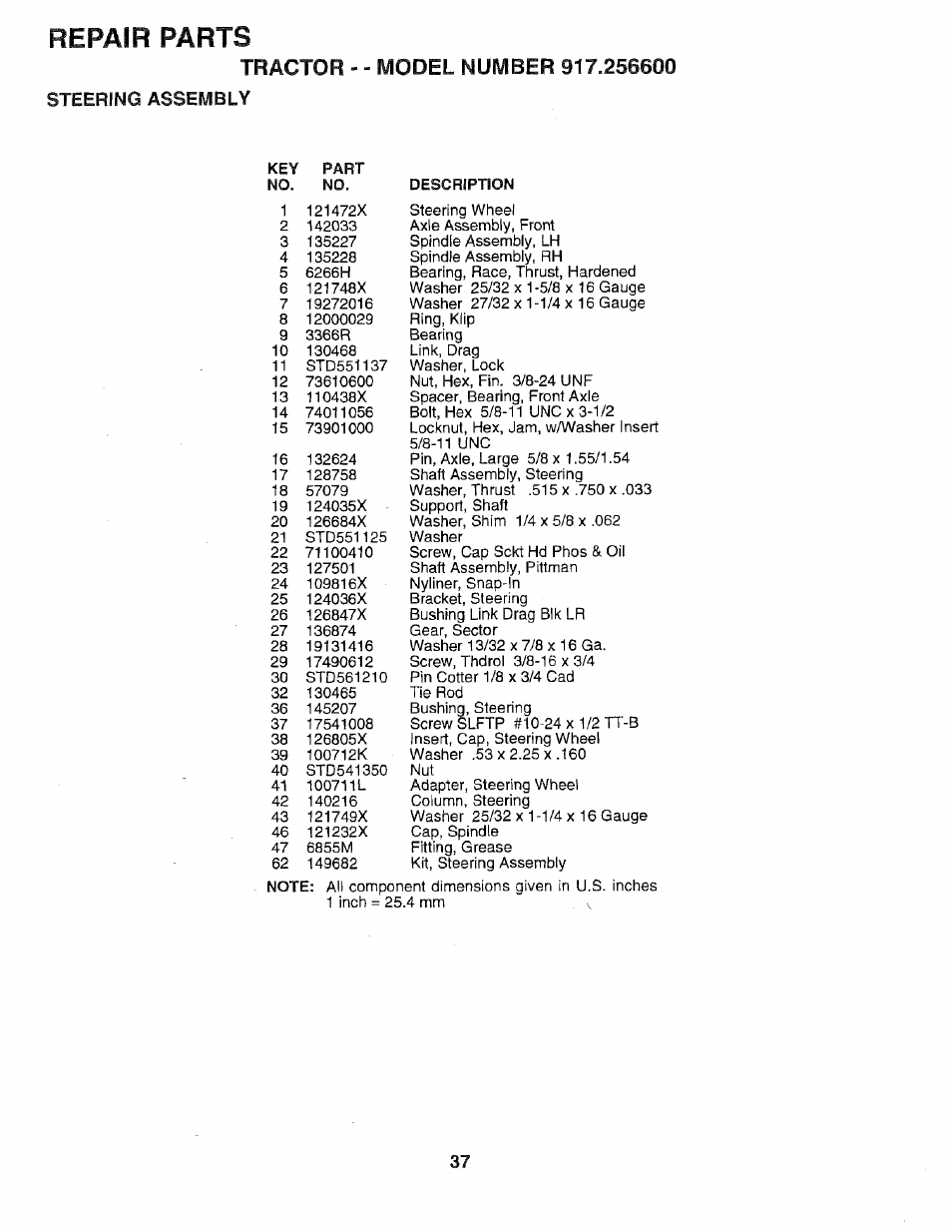 Steering assembly, Repair parts | Sears EZ3 917.2566 User Manual | Page 37 / 56