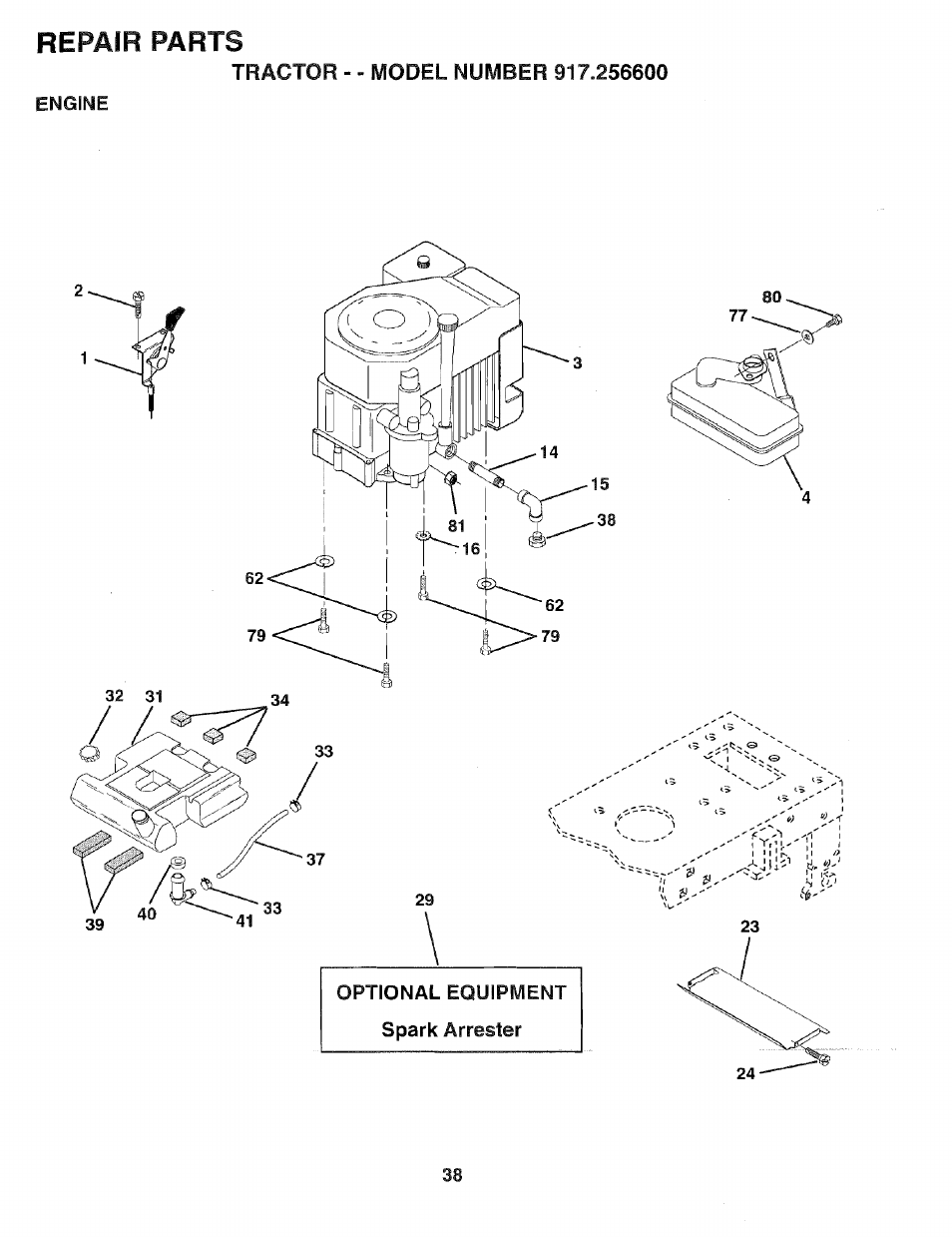 Repair parts, Engine, Optional equipment spark arrester | It u | Sears EZ3 917.2566 User Manual | Page 38 / 56