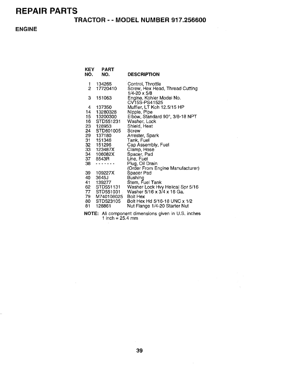 Repair parts | Sears EZ3 917.2566 User Manual | Page 39 / 56