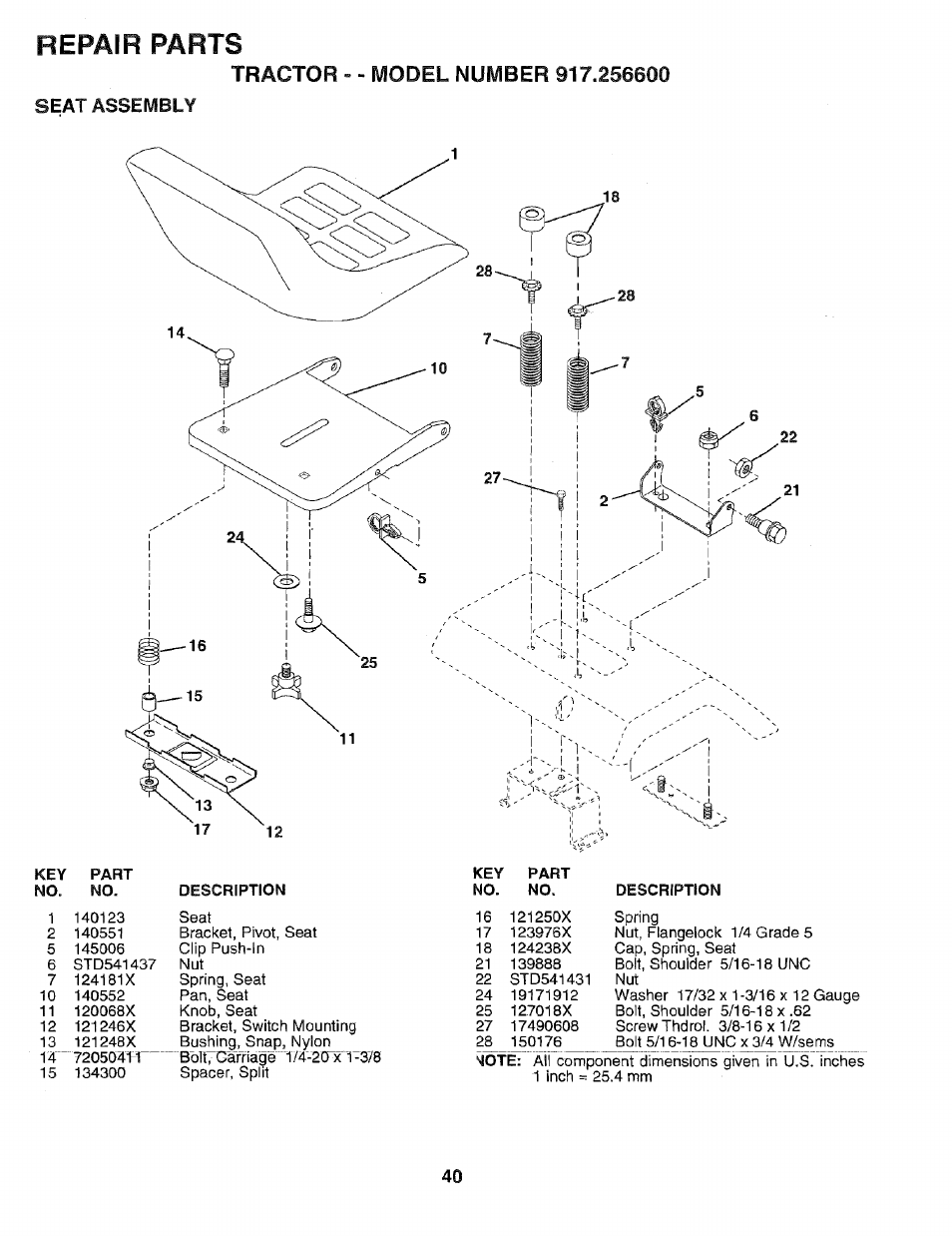 Seat assembly, Repair parts | Sears EZ3 917.2566 User Manual | Page 40 / 56