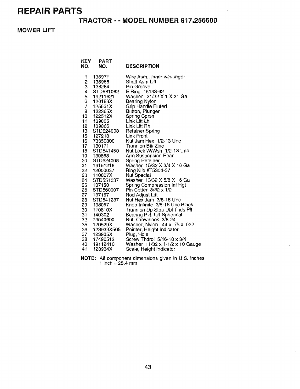 Mower lift, Repair parts | Sears EZ3 917.2566 User Manual | Page 43 / 56