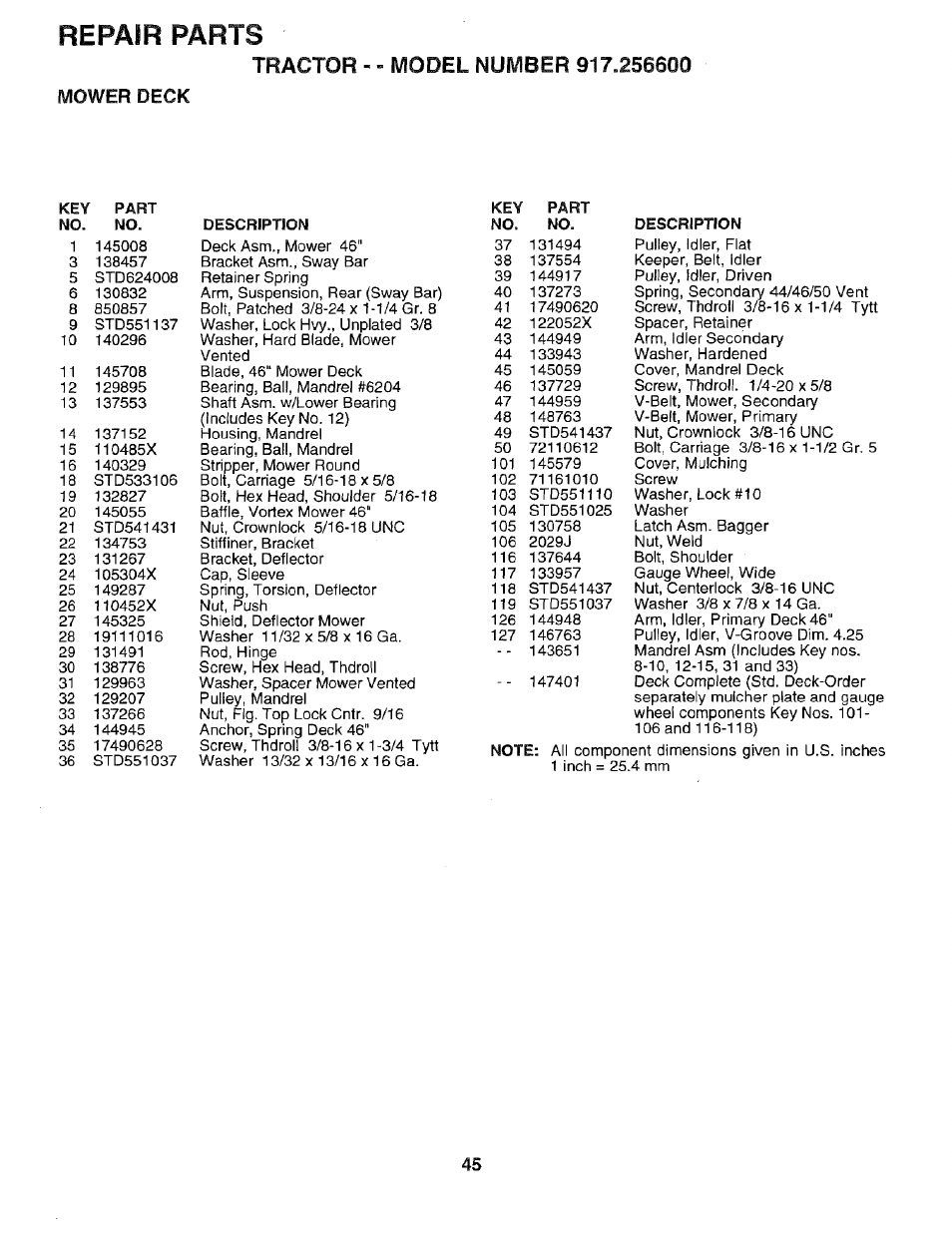 Mower deck, Repair parts | Sears EZ3 917.2566 User Manual | Page 45 / 56