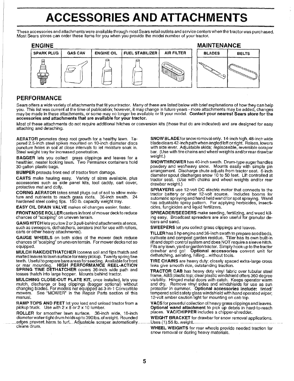 Accessories and attachments, Engine maintenance performance | Sears EZ3 917.2566 User Manual | Page 5 / 56