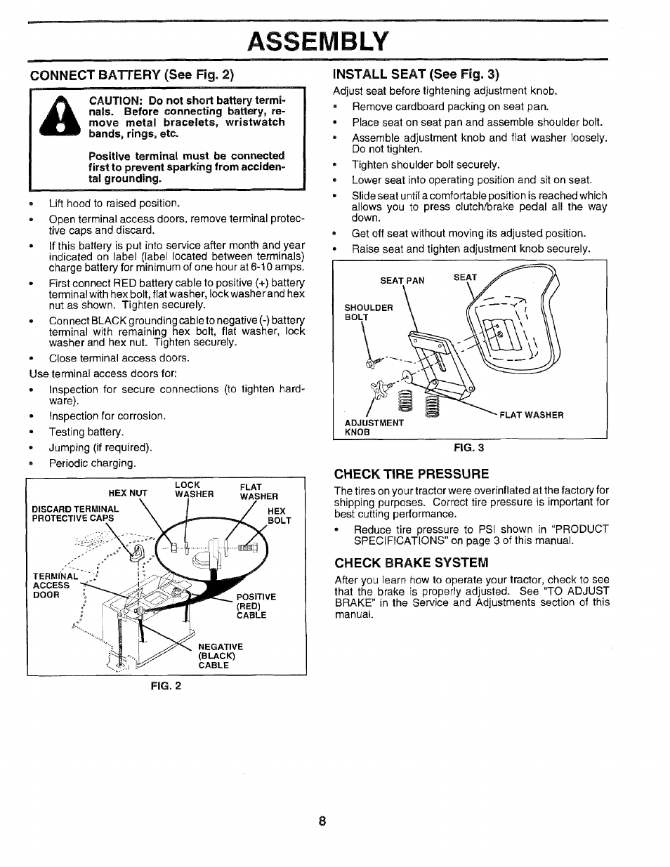 Connect battery (see fig. 2), Install seat (see fig. 3), Check tire pressure | Check brake system, Assembly | Sears EZ3 917.2566 User Manual | Page 8 / 56