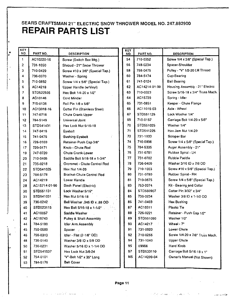 Repair parts list | Sears 247.8829 User Manual | Page 11 / 12