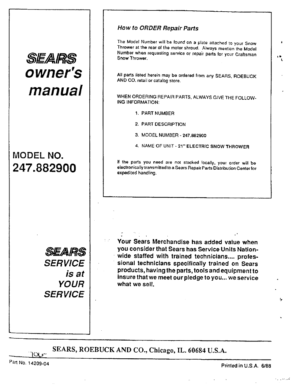 Model no, Owners manual, Service is at your service | Sears 247.8829 User Manual | Page 12 / 12