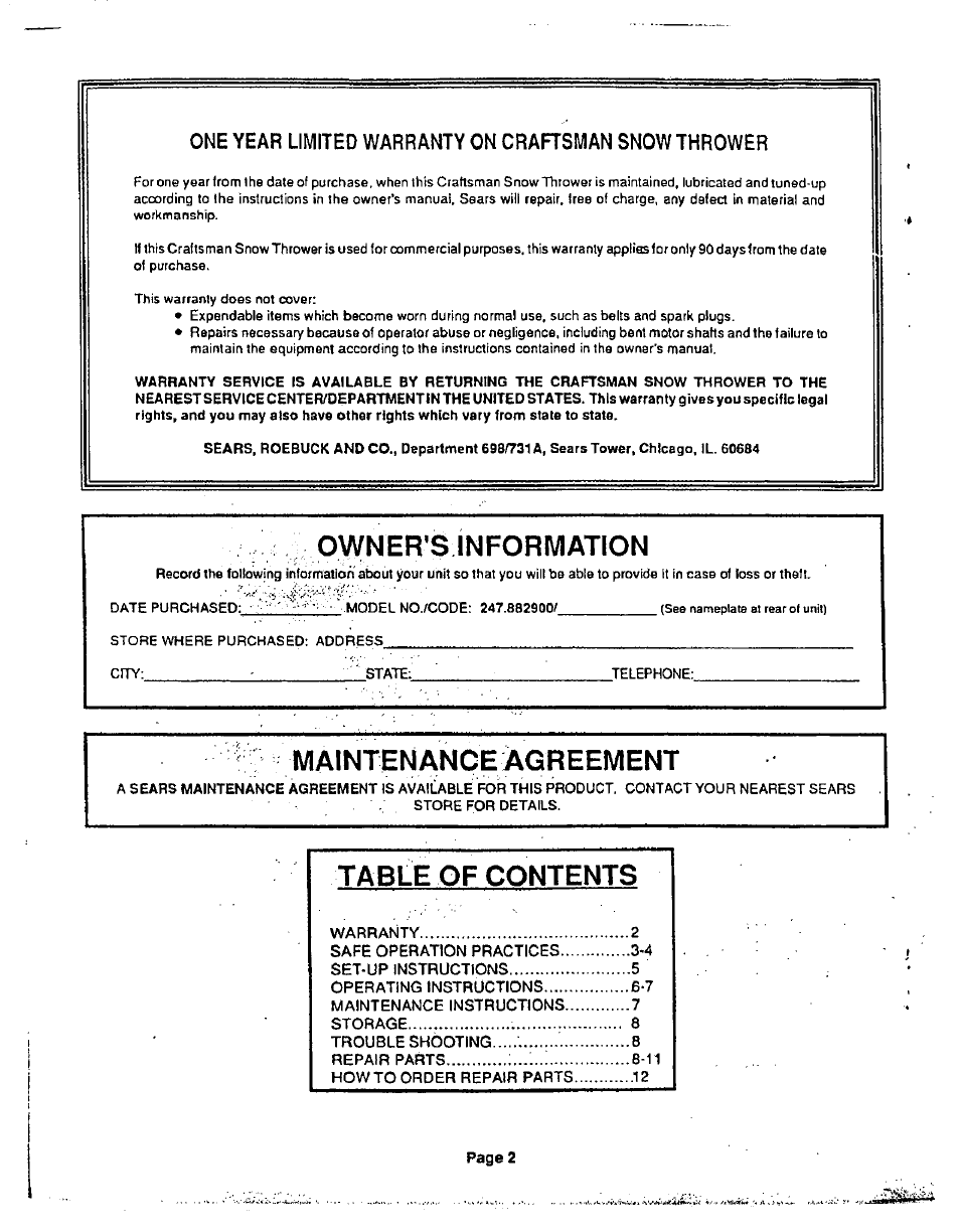 Sears 247.8829 User Manual | Page 2 / 12