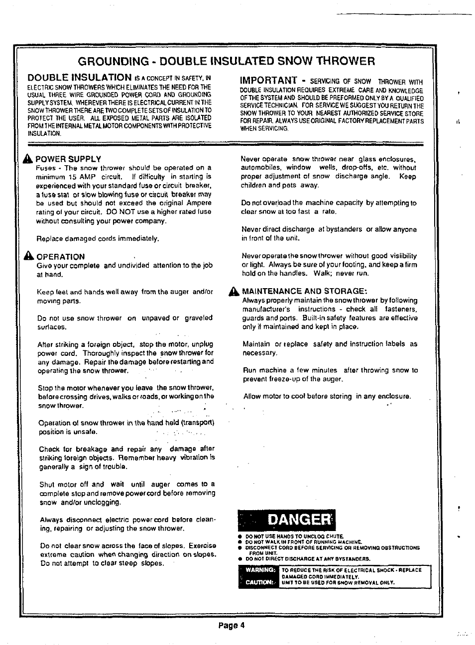 Grounding • double insulated snow thrower, Danger, Double insulation | Important, A power supply, A operation | Sears 247.8829 User Manual | Page 4 / 12