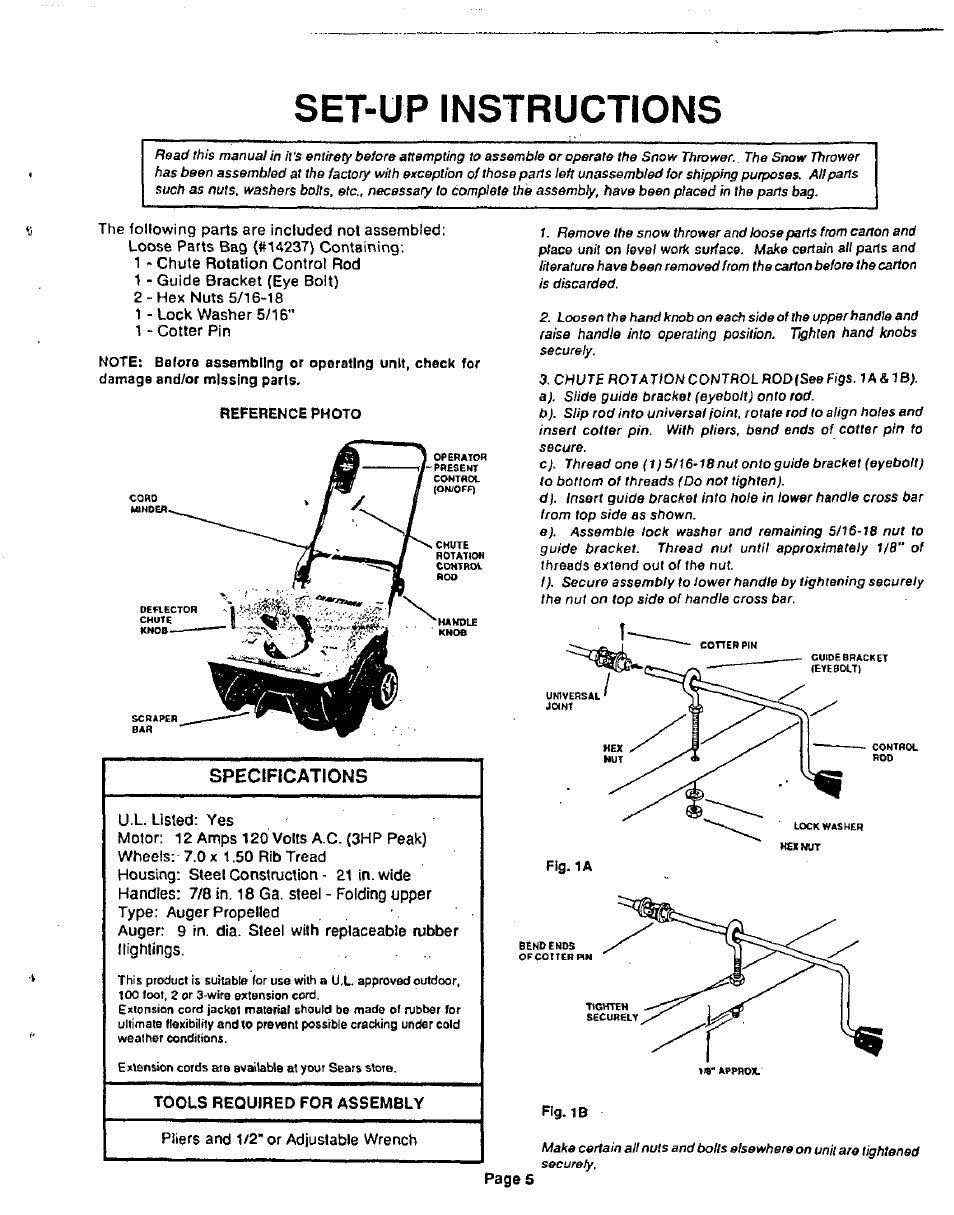 Set-up instructions, Specifications | Sears 247.8829 User Manual | Page 5 / 12