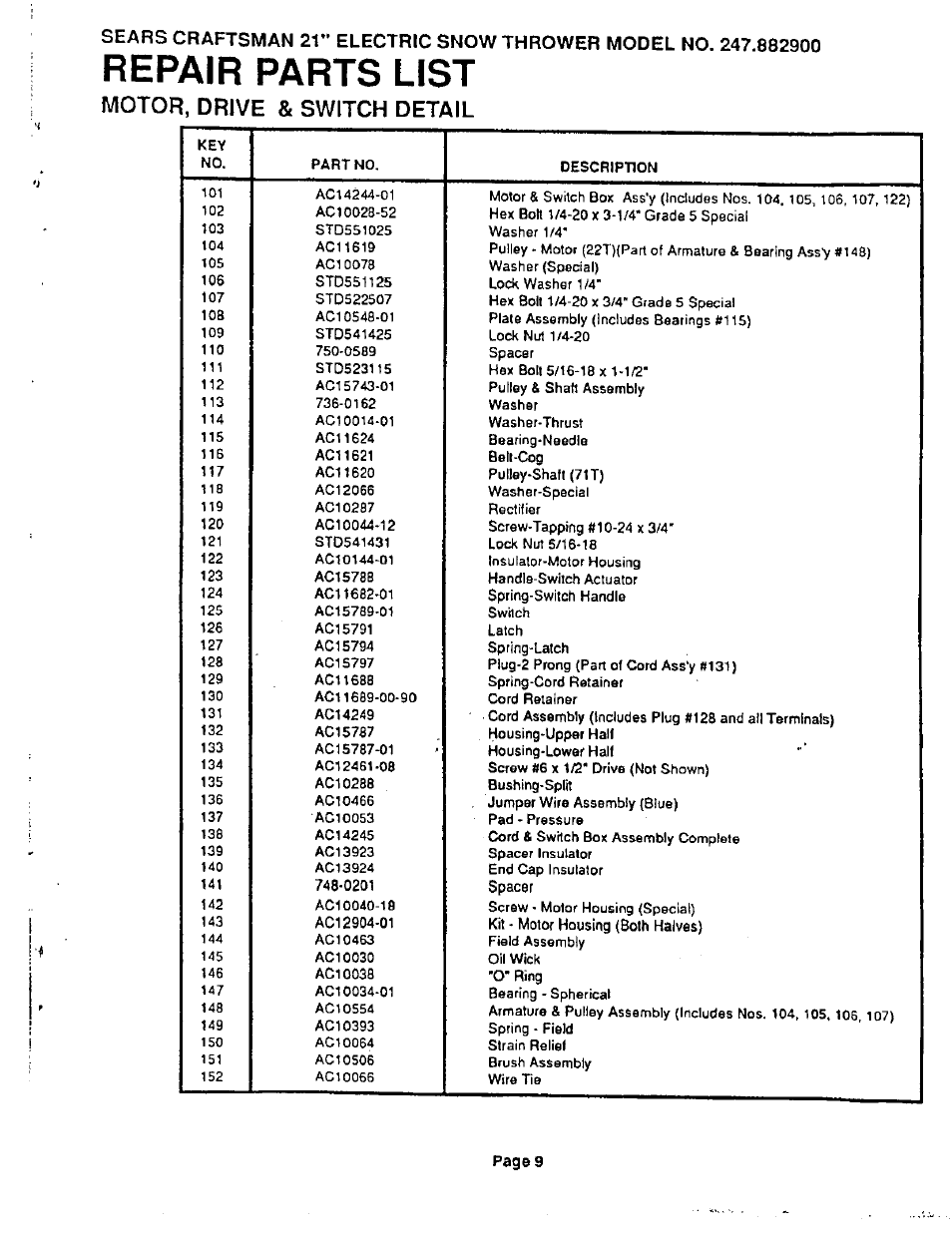 Repair parts list, Motor. drive & siwitch detail | Sears 247.8829 User Manual | Page 9 / 12