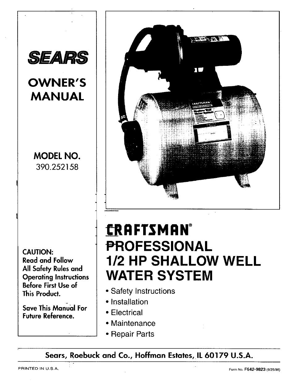 Sears 390.252158 User Manual | 16 pages