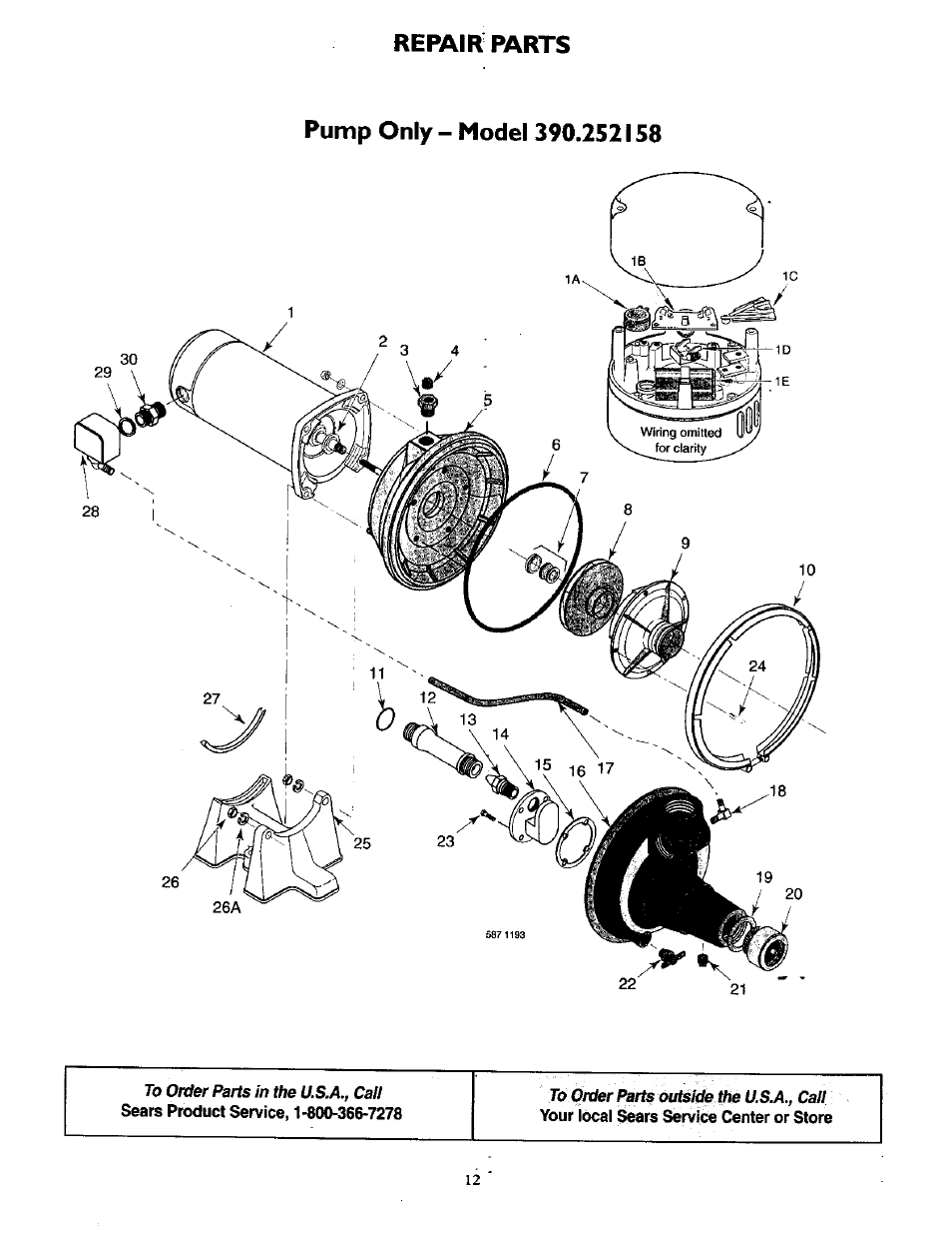 Repair parts, Pump only - model 390.252158 | Sears 390.252158 User Manual | Page 12 / 16