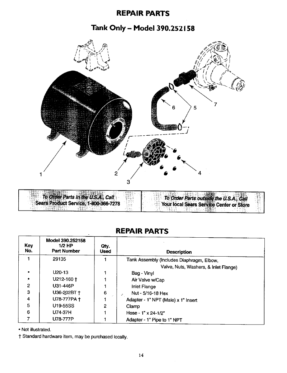 Repair parts, Tank only - model 390.252158 | Sears 390.252158 User Manual | Page 14 / 16