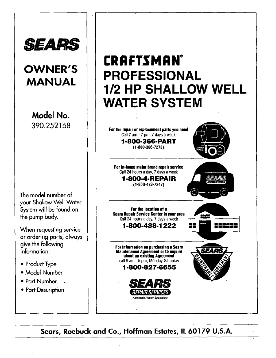 Owner's, Manual, Model no | Owner's manual | Sears 390.252158 User Manual | Page 16 / 16