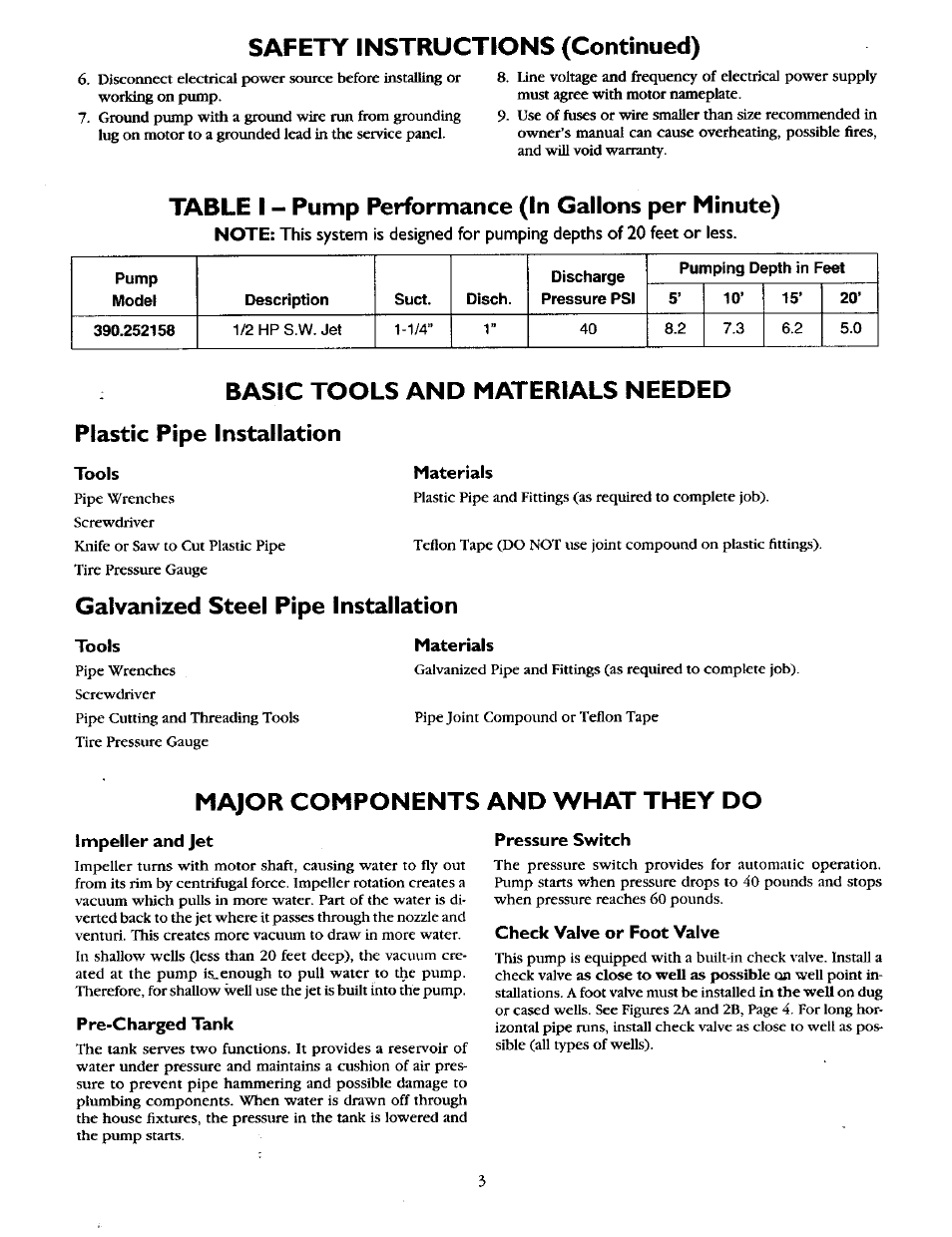 Safety instructions (continued), Table i - pump performance (in gallons per minute), Basic tools and materials needed | Plastic pipe installation, Materials, Galvanized steel pipe installation, Major components and what they do, Impeller and jet, Pre-charged tank, Pressure switch | Sears 390.252158 User Manual | Page 3 / 16
