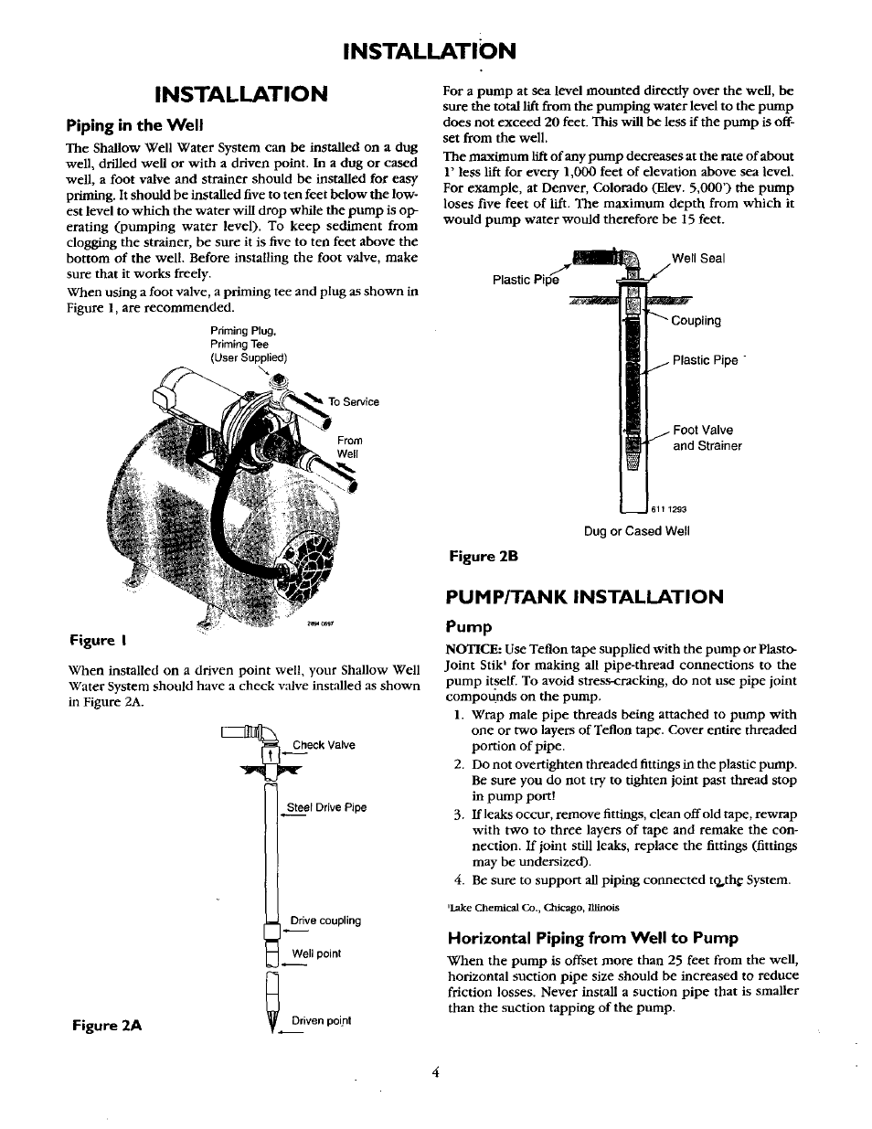 Piping in the well, Pump, Horizontal piping from well to pump | Installation, Pump/tank installation | Sears 390.252158 User Manual | Page 4 / 16