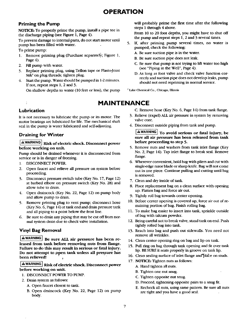 Priming the pump, Lubrication, Draining for winter | Maintenance, Vinyl bag removal, Operation | Sears 390.252158 User Manual | Page 7 / 16