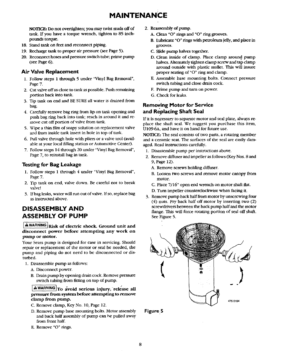 Maintenance, Air valve replacement, Testing for bag leakage | Disassembly and assembly of pump | Sears 390.252158 User Manual | Page 8 / 16