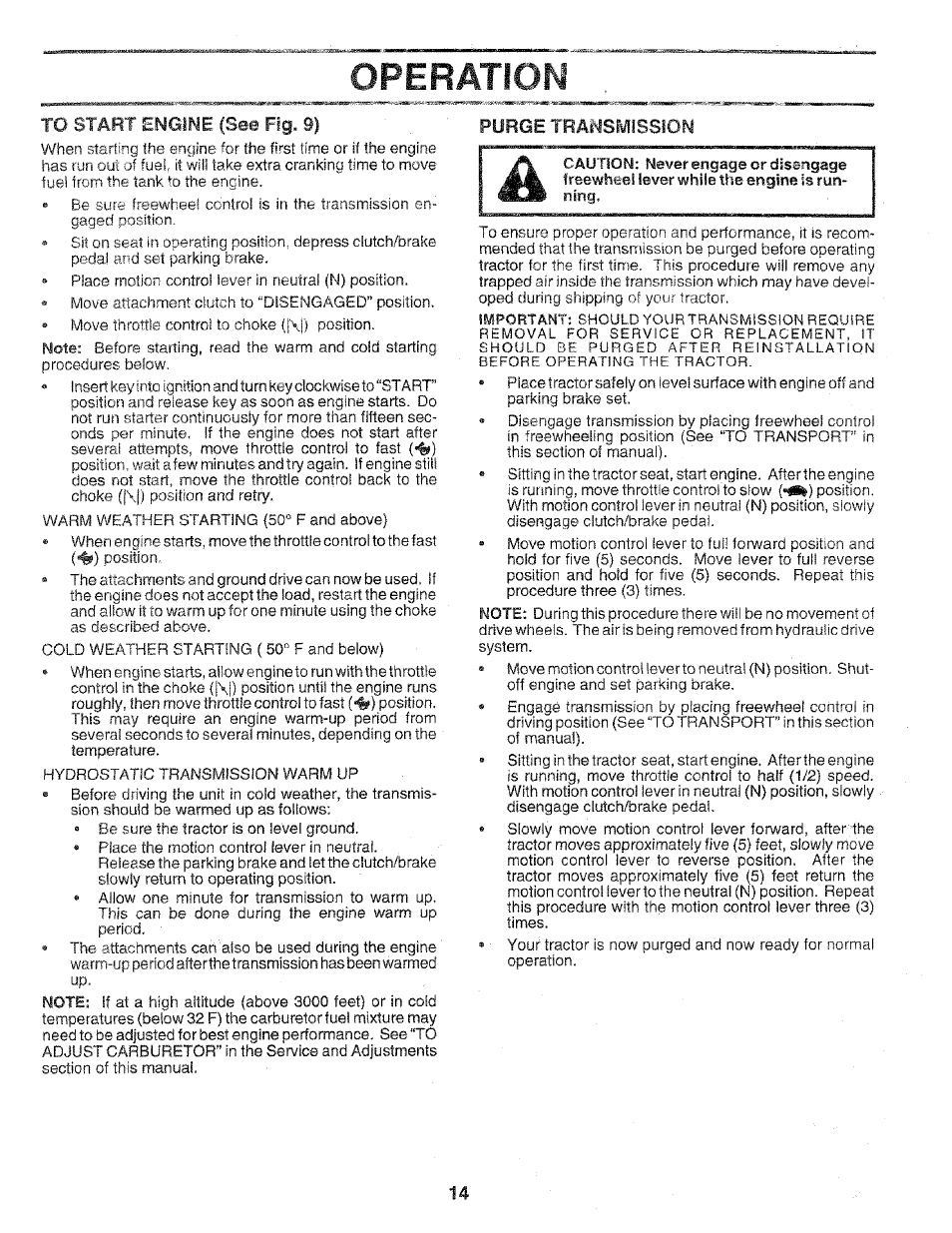 To start engine (see rg. 9), Purge transiyflssion, Operation | Sears 917.258552 User Manual | Page 14 / 56
