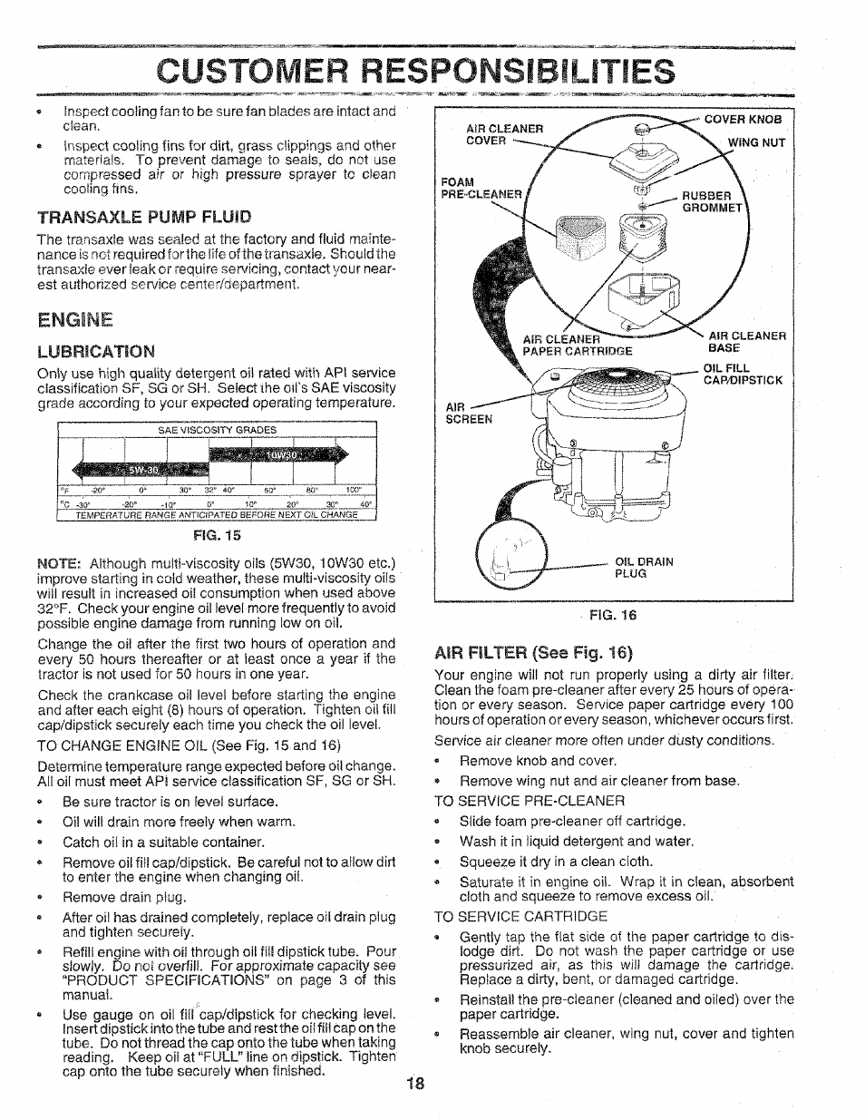 Transaxle pump fluid, Lubrication, Air filter (see fig. 16) | Customer responsibilities, Engine, T i i —t | Sears 917.258552 User Manual | Page 18 / 56