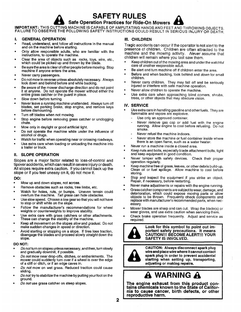 General operation, Ii. slope operation, Ш. children | Iv. service, Safety rules, Warning | Sears 917.258552 User Manual | Page 2 / 56