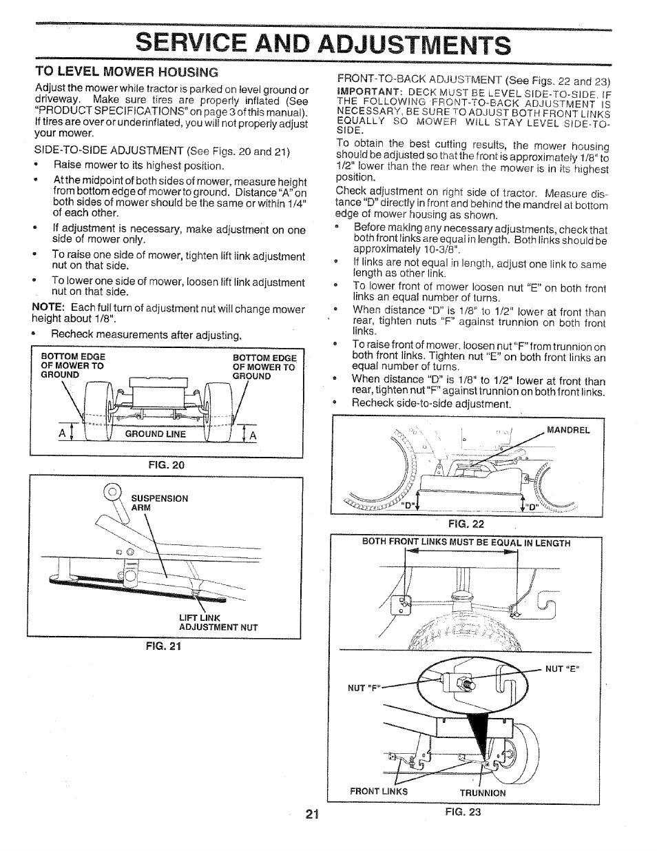 To level mower housing, Service and adjustments | Sears 917.258552 User Manual | Page 21 / 56