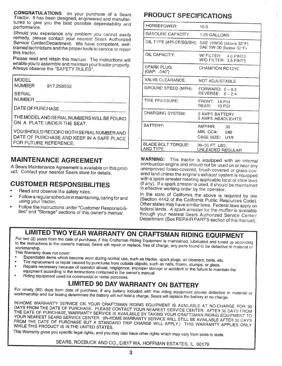 Product'specifications, Maintenance agreement, Customer responsibilities | Limifedtwowmtorranty^n^raftsman^idii | Sears 917.258552 User Manual | Page 3 / 56