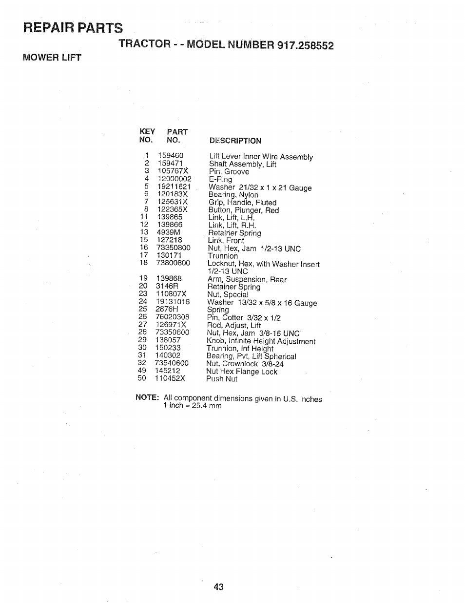 Mower lift, Repair parts | Sears 917.258552 User Manual | Page 43 / 56