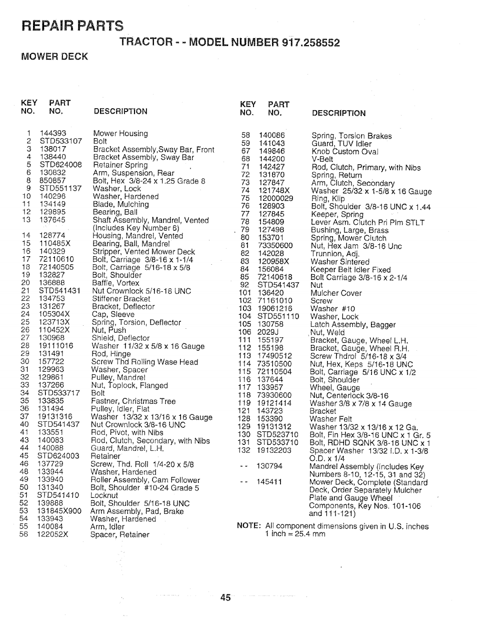 Mower deck, Repair parts | Sears 917.258552 User Manual | Page 45 / 56