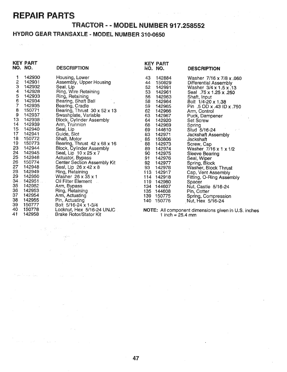 Repair parts | Sears 917.258552 User Manual | Page 47 / 56