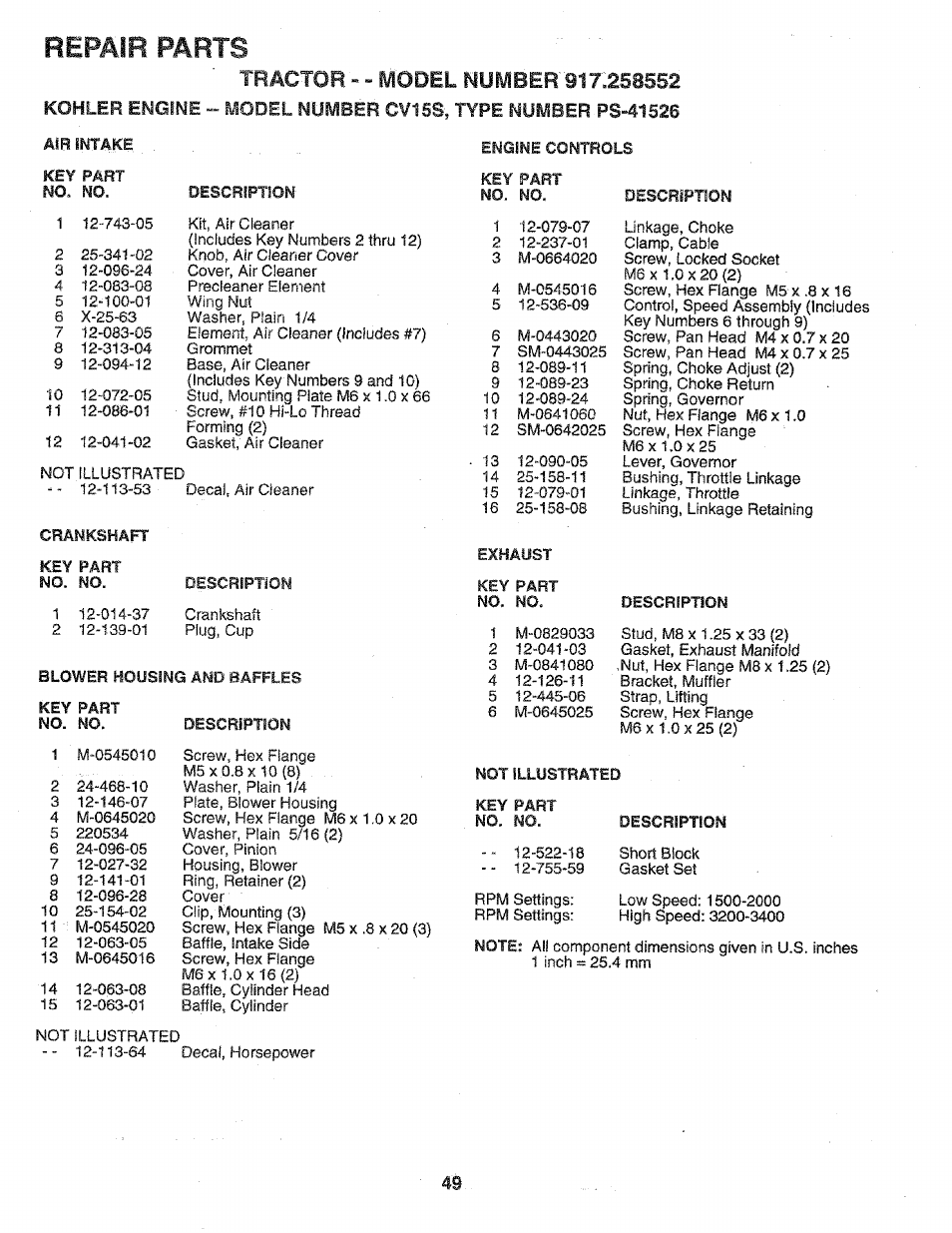 Repair, Parts, Tractor - - model number'91 | Sears 917.258552 User Manual | Page 49 / 56