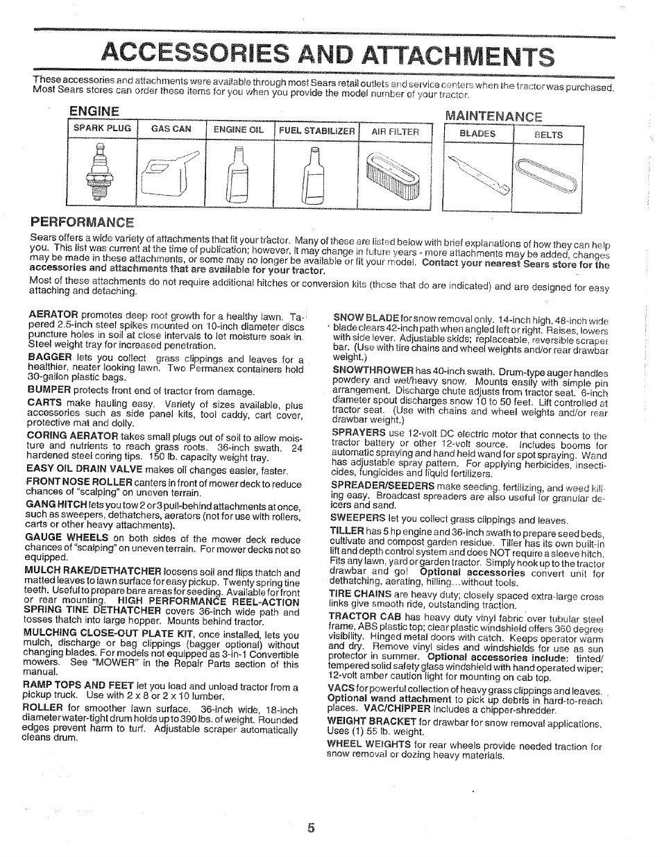Accessories and attachments, Engine, Maintenance | Performance | Sears 917.258552 User Manual | Page 5 / 56