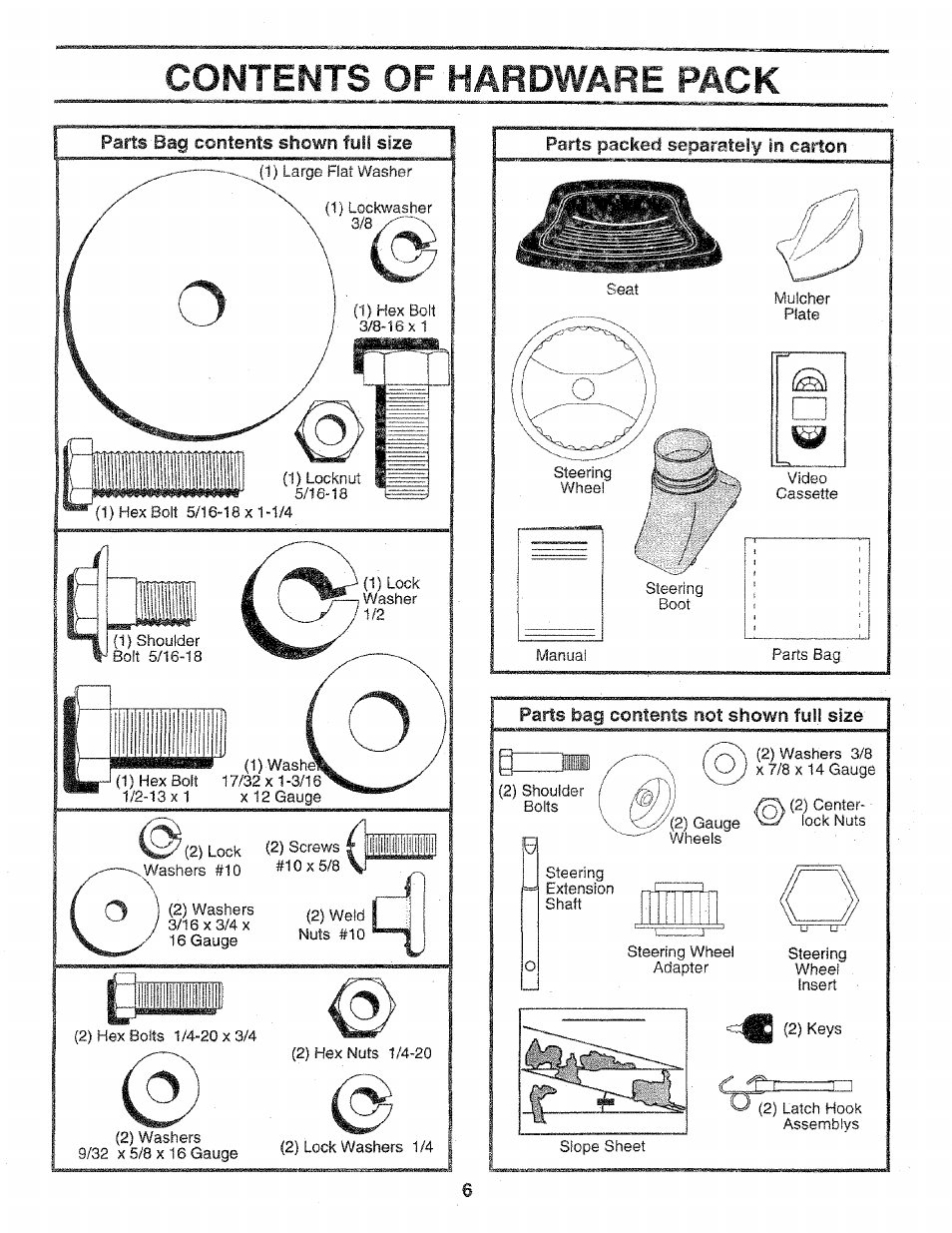 Parts bag contents not shown full size, Contents of hardware pack, Parts'bag contents shown fyil size | Sears 917.258552 User Manual | Page 6 / 56