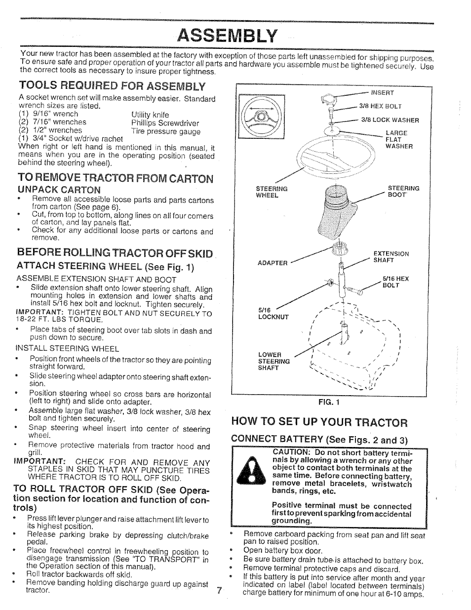 Unpack carton, Attach steering wheel (see fig. 1), Assembly | Tools, For assembly, How to set up your tractor, Required, Remove tractor from carton unpack carton | Sears 917.258552 User Manual | Page 7 / 56